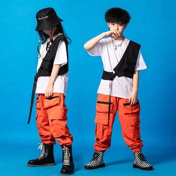 Fiúk Hip-Hop Mellény Lányok Narancs Cargo Nadrág Ruha Gyerek póló Mellkasi Táska Kocogók Street Dance Gyerekek Streetwear Jelmez Sportwear