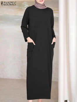 ZANZEA Elegáns Nők Dubai Törökország Abaya Hidzsáb Ruha Divat Őszi Hosszú Ujjú Szilárd Muszlim nyári Ruha Alkalmi Midi Vestido Kaftán