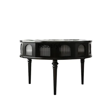 Római kerek Tea Asztal Sakktábla francia Retro Fekete Gyönyörű Design tömörfa Nappali, Tároló dohányzóasztal bútor
