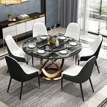 Tervező Luxus kerek étkező Márvány Kő Födém étkező asztal beállítása 8 székek mesa de jantar comedor sillas Rozsdamentes acél arany bázis