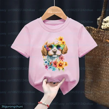 T-Shirt A Lányok Aranyos, Akvarell Uszkár Kutya Állat Print Tshirt Aranyos Lány Ruhák Rózsaszín Póló Divat Gyerekek Tshirt 1-15yeas Régi