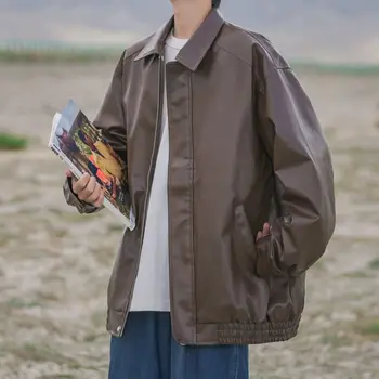 Streetwear Pu Bőr Kabát Férfi Barna Retro Motoros Kabát Őszi Koreai Divat Laza Cipzár Bomber Dzseki Learher Kabátok