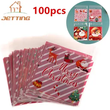 100 Karácsonyi Ajándék Táska Öntapadó Cookie-k Candy Csomagolás Táska Új Év Fél Ajándék, Snack Sütés Műanyag Táska