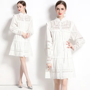 Női ruha traf Pamut hímzett francia vintage bíróság stílusú ruha, hosszú ujjú temperamentum üreges Egy-line tündér ruha
