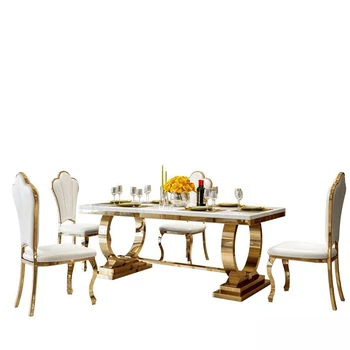 Fény luxus márvány asztal, háztartási rozsdamentes acélból, téglalap alakú, fényes rock lemez, étkező asztal, szék kombináció
