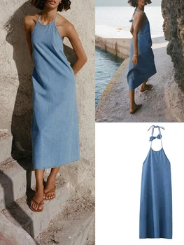 Tavaszi, nyári új női divat strand stílusú kerek nyak állítható harisnyatartó dekoltázs anyagból midi farmer ruha