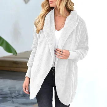 Polár Kabát Női Könnyű Őszi-Téli Szilárd Plüss Közepes Hosszúságú Hajtóka Kapucnis Kabát Outwear