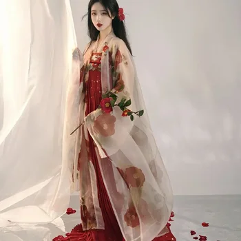 Kínai Hanfu Ruha Ősi Nők Camellia palota hímzett nyomtatás nagy ujjú ruha Jelmez Hanfu Teljes Készlet