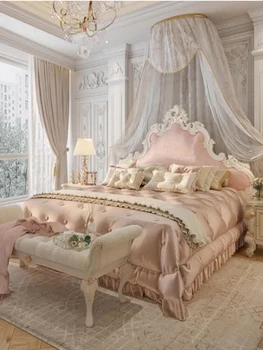 Francia fény luxus kézzel faragott tömör fa ágy Álom Hercegnő kétszemélyes ágy puha Hercegnő queen-size méretű ággyal