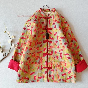 2024 keleti vintage kabát pamut ágynemű sűrűsödik meleg kabátot tang öltöny nemzeti virág nyomtatás pamut, bélelt kabát jobb kabát