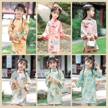 2023NEW Hagyományos Kínai Ruhát A Lányok Virágos Cheongsam Hercegnő Gyerekek Hosszú Ujjú Kínai Új Év Ruha