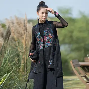 2023 új női kínai nemzeti stílus ujjatlan laza hosszú mellény etnikai stílusban hímzett retro divat mellény top s709