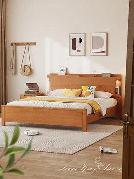 Teljes tömör fából készült ágy, modern, egyszerű kétágyas king-size ággyal, hálószoba, cseresznyefa színű, 1,8 m háztartási Északi napló alacsony ágy