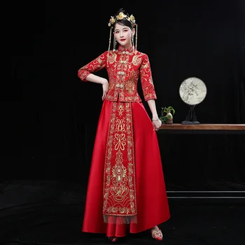 Plus Size 4XL Xiuhe Régi Hímzett Női Hagyományos Kínai Álló Nyak Elegáns Divat Qipao Esküvői Menyasszonyi Ruha