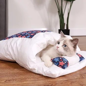 Japán Macska Ágy Meleg Macska hálózsák Mély Alvás Barlang Téli Cserélhető Pet House Bed Macskák, Kutyák Fészek Párna Párna