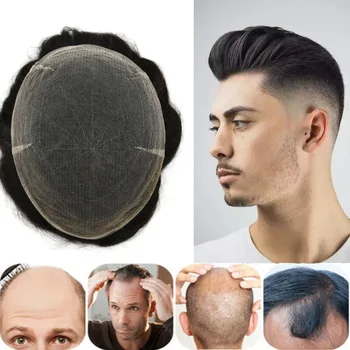 A férfiak Emberi Haj Darab Svájci Csipke Bázis Teljes Rendszer hajátültetés Fehérített Csomót a természetes hajvonalat, Paróka Férfiak